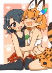  2girls 370ml :3 :d ;d animal_ears bandaged_arm bandages bangs black_eyes black_hair black_legwear black_shirt blonde_hair breasts closed_eyes clothes_around_waist commentary_request dress eyebrows_visible_through_hair fang feathers hair_feathers happy hug kaban_(kemono_friends) kemono_friends leaning_forward looking_at_another medium_breasts miniskirt multiple_girls navel no_hat no_headwear one_eye_closed open_mouth outside_border pantyhose paw_print red_shirt serval_(kemono_friends) serval_ears serval_print serval_tail shirt shirt_around_waist short_hair shorts sitting skirt smile striped_tail tail tank_top torn_clothes torn_legwear torn_shirt wariza white_shirt yellow_dress yuri 