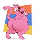  2020 abstract_background anthro belly big_belly big_butt boot_(artist) butt cougar digitigrade felid feline fur hanna-barbera looking_at_viewer male mammal necktie overweight pink_body pink_fur rear_view seductive simple_background snagglepuss solo thick_thighs tongue tongue_out 