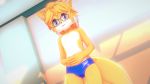  16:9 anthro canid canine clothed clothing eyewear fox fur fusionxglave glasses hair hi_res looking_at_viewer male mammal miles_prower shy simple_background smile solo sonic_the_hedgehog_(series) speedo swimwear topless widescreen 