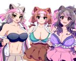  3girls ahoge animal_ears bangs bare_shoulders bear_ears bear_girl bergman&#039;s_bear_(kemono_friends) black_bra black_hair blush bow bra breasts brown_eyes brown_hair buttons cleavage closed_mouth collarbone embarrassed empty_eyes extra_ears eyebrows_visible_through_hair ezo_brown_bear_(kemono_friends) frilled_shirt frills furrowed_eyebrows green_bra grey_hair hair_bow headband highres kemono_friends kodiak_bear_(kemono_friends) large_breasts long_hair looking_at_viewer multicolored_hair multiple_girls navel open_clothes open_mouth open_shirt partially_unbuttoned purple_bra quatre_aaaa red_eyes shirt side-by-side simple_background skirt sleeveless sleeveless_shirt smile stomach strapless strapless_bra toned twintails two-tone_hair unbuttoned underwear undressing upper_body white_background 
