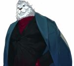  1boy blue_eyes fate/grand_order fate_(series) formal furry hand_in_pocket jacket jacket_on_shoulders lion male_focus mane pako suit thomas_edison_(fate/grand_order) turtleneck white_hair 