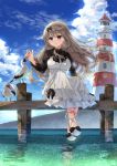  1girl anbiya_h bird brown_eyes character_request cloud copyright_request day dock dress highres light_brown_hair lighthouse long_hair looking_at_viewer ocean outdoors sandals seagull sky smile solo summer sundress water white_dress 