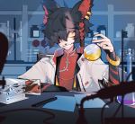  1boy aak_(arknights) absurdres aniao_ya animal_ears arknights black_hair bracelet braid cat_ears earrings flask furry hair_over_one_eye highres jewelry laboratory male_focus paper pen 