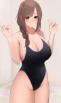  1girl bangs bare_shoulders black_swimsuit blush braid braided_ponytail breasts brown_eyes brown_hair cleavage collarbone double_v hands_up highleg highleg_swimsuit highres large_breasts long_hair looking_at_viewer one-piece_swimsuit original senju_(snz0) smile swimsuit thighs v 