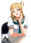  1girl a1 blonde_hair braid chair commentary_request crown_braid folding_chair green_eyes green_neckwear grey_sailor_collar grey_skirt hair_rings highres love_live! love_live!_sunshine!! medium_hair neckerchief ohara_mari pleated_skirt sailor_collar school_uniform serafuku simple_background sitting skirt solo table uranohoshi_school_uniform white_background 