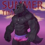  1:1 2020 abs anthro biceps black_body black_fur bodily_fluids bottomwear canid canine canis clothing fur hi_res male mammal muscular muscular_anthro muscular_male nipples pecs pie2000yzb simple_background solo text upside_down_cross wolf 