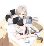  1girl apron artillery azur_lane bag bangs bikini blonde_hair braid breasts collar cross cross_necklace feet french_braid frills gun hair_over_one_eye holding jewelry looking_at_viewer maid maid_bikini maid_headdress necklace rake sand_castle sand_sculpture sandals seashell sheffield_(azur_lane) shell shovel sitting skirt solo swimsuit toes wariza weapon yellow_eyes zafuri_(yzrnegy) 