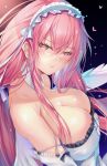  1girl angel_wings azur_lane bangs bare_shoulders blush breasts cleavage closed_mouth detached_collar detached_sleeves dress frilled_dress frills gradient gradient_background hair_between_eyes headdress hinot large_breasts long_hair looking_at_viewer perseus_(azur_lane) pink_eyes pink_hair ribbon solo twintails very_long_hair white_dress white_headwear white_ribbon wings 