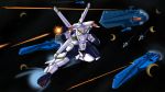  1980s_(style) auroran battle choujikuu_kidan_southern_cross commentary emblem energy_beam energy_cannon energy_gun english_commentary explosion fleet highres leelf mecha official_style oldschool prototype robotech science_fiction southern_cross space space_craft starfighter thrusters weapon zero_gravity 