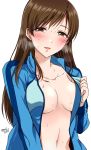  1girl areola_slip areolae bangs blue_jacket blush breasts brown_eyes brown_hair collarbone commentary_request eyebrows_visible_through_hair gen_(enji) hand_up heavy_breathing idolmaster idolmaster_cinderella_girls jacket long_hair long_sleeves looking_at_viewer medium_breasts navel nitta_minami no_bra open_clothes open_jacket parted_lips simple_background smile solo stomach sweat track_jacket twitter_username upper_body white_background 