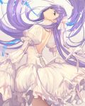  1girl back bangs blue_eyes blush breasts dress fate/extra fate/extra_ccc fate_(series) grin head_tilt highres juliet_sleeves long_hair long_sleeves looking_at_viewer looking_back meltryllis petals puffy_sleeves purple_hair sleeves_past_fingers sleeves_past_wrists small_breasts smile thighs untue very_long_hair white_dress 