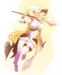  1girl alternate_costume bikini blonde_hair breasts cleavage drill_hair dual_wielding flower full_body hair_flower hair_ornament hair_ribbon highres holding holding_spear holding_weapon large_breasts leg_up looking_at_viewer magia_record:_mahou_shoujo_madoka_magica_gaiden mahou_shoujo_madoka_magica midriff navel polearm renji_(orange_ize) ribbon smile solo spear swimsuit tomoe_mami twin_drills weapon white_bikini yellow_eyes 