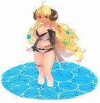  ahoge anila_(granblue_fantasy) bikini blonde_hair breasts draph front-tie_top granblue_fantasy highres horns large_breasts long_hair looking_at_viewer ocean outdoors partially_submerged sheep_horns short_eyebrows solo standing standing_on_liquid swimsuit water white_bikini yellow_eyes yokohachi 