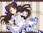  1girl apron bangs blue_bow blue_dress blush bow brown_eyes brown_hair character_name closed_mouth commentary_request dated dress eyebrows_visible_through_hair frilled_apron frilled_bow frills hair_bow happy_birthday idolmaster idolmaster_cinderella_girls long_hair looking_at_viewer maid_apron miicha pantyhose parted_bangs puffy_short_sleeves puffy_sleeves short_sleeves smile solo striped striped_background striped_legwear tachibana_arisu twitter_username vertical_stripes very_long_hair white_apron wrist_cuffs 
