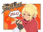  1girl bandages black_gloves blonde_hair cape commentary_request dark_skin decadence_(anime) fingerless_gloves gloves kurenai_(decadence) looking_at_viewer pointing pointing_at_viewer red_cape red_eyes smile solo speech_bubble wakayama_kazuto 