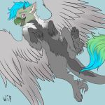  1:1 2020 4_fingers 4_toes ambiguous_gender avian beak black_pawpads blue_hair digital_media_(artwork) eyebrows eyelashes ezcett feral fingers fur green_beak grey_body grey_fur gryphon hair hi_res horn mythological_avian mythology pawpads pink_eyes solo toes 