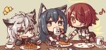  +++ 3girls :d :q afterimage animal_ear_fluff animal_ears apple_pie arknights bangs belt black_belt black_capelet black_gloves black_hair black_jacket blush brown_eyes capelet coffee coffee_mug commentary_request cup detached_wings drinking energy_wings exusiai_(arknights) eyebrows_visible_through_hair fang fingerless_gloves fork gloves green_eyes grey_eyes grey_gloves hair_between_eyes hair_ornament hair_over_one_eye hairclip halo hand_on_own_cheek holding holding_cup holding_fork id_card jacket kata_meguma lappland_(arknights) long_hair long_sleeves looking_at_another mug multiple_girls musical_note open_mouth paper plate red_eyes red_hair scar scar_across_eye short_hair sidelocks silver_hair simple_background sitting skin_fang smile standing steam texas_(arknights) tongue tongue_out upper_body white_jacket wings wolf_ears 