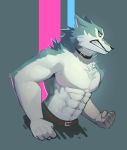  2020 abs anthro belt biceps blue_body blue_eyes blue_fur blue_hair bottomwear brand_new_animal canid canine canis cilok clothing collar fur hair hi_res male mammal muscular muscular_anthro muscular_male pecs shirou_ogami simple_background solo studio_trigger wolf 