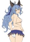  1girl animal_ears ass back bangs bikini blue_hair blue_skirt breasts bunny_ears erune ferry_(granblue_fantasy) granblue_fantasy hair_ribbon houtengeki jewelry long_hair looking_at_viewer miniskirt open_mouth ponytail ribbon sideboob simple_background single_earring skirt small_breasts smile swimsuit thighs wavy_hair white_background white_bikini yellow_eyes 