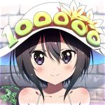  1girl bare_shoulders black_hair blush close-up commentary_request flower hair_between_eyes hat hat_flower original pink_x purple_eyes short_hair smile solo tagme white_headwear 