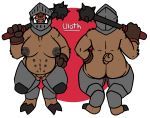  2020 2_toes 4_fingers aliasing alpha_channel anthro armor belly_nipples big_breasts big_butt breasts brown_body brown_fur butt character_name clothing curled_tail dark_nipples english_text female fingers fur genitals gloves handwear headgear helmet hi_res holding_melee_weapon hooves leg_armor mace mammal melee_weapon model_sheet navel no_pupils overweight overweight_anthro overweight_female plate_armor pussy raised_arm red_eyes scar signature simple_background snout solo spikes suid suina sus_(pig) text toes trout_(artist) tusks weapon weapon_on_shoulder wild_boar 