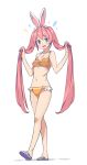  1girl :d animal_ear_fluff animal_ears bikini bunny_ears fang green_eyes happy highres holding holding_hair long_hair looking_at_viewer open_mouth original pink_hair saiste slippers smile solo swimsuit twintails very_long_hair walking white_background yellow_bikini 