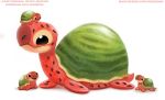  age_difference ambiguous_gender anthro beady_eyes black_eyes cryptid-creations dot_eyes food food_creature fruit green_body group melon open_mouth pink_body plant reptile scalie seed simple_background size_difference smile tan_body text turtle url watermelon white_background 
