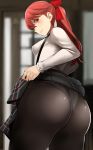  1girl ass black_legwear breasts highres long_hair looking_at_viewer looking_back nemu_(nebusokugimi) panties panties_under_pantyhose pantyhose persona persona_5 persona_5_the_royal ponytail red_eyes red_hair shuujin_academy_uniform skirt small_breasts solo suspenders underwear yoshizawa_kasumi 