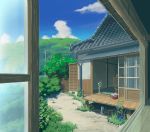  absurdres blinds blue_sky building bush chest_of_drawers cloud commentary_request day dirt electric_fan fence flower_pot forest gingham_vest grass highres hill hose house japanese_house landscape laundry_basket mountain nature no_humans original photo_(object) power_lines room rural scenery sky sliding_doors summer tatami veranda window wooden_floor 