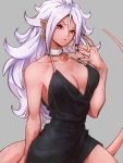  1girl alternate_costume android_21 black_dress black_nails breasts cleavage dragon_ball dragon_ball_fighterz dress earrings grey_background hoop_earrings jewelry kemachiku large_breasts long_hair majin_android_21 nail_polish pointy_ears red_eyes red_skin ring simple_background sleeveless sleeveless_dress solo tail white_hair 