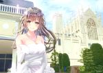  1girl artist_name bare_shoulders bride brown_hair building cathedral day dress dress_bow earrings elbow_gloves glint gloves green_eyes jewelry looking_at_viewer necklace original outdoors road_sign scenery sena_(illust_sena) sign smile standing tiara tree wedding_dress white_dress white_gloves 