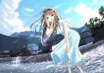  1girl :d absurdres aqua_eyes artist_name brown_hair day dress hand_on_own_cheek highres impossible_clothes lens_flare looking_at_viewer mountainous_horizon open_mouth original outdoors river scenery sena_(illust_sena) sleeveless sleeveless_dress smile summer sundress wading white_dress 