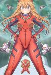  1girl bangs blue_eyes breasts chibi end_of_evangelion eva_02 eyebrows_visible_through_hair flying hands_on_hips highres iwasaki_masakazu mass_production_eva mecha medium_breasts neon_genesis_evangelion orange_hair pilot_suit plugsuit skin_tight souryuu_asuka_langley standing v-shaped_eyebrows 