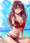  1girl ahoge bangs bare_shoulders beach bikini blue_eyes blue_sky blush breasts brown_hair cleavage collarbone earrings hand_in_hair ichinose_shiki idolmaster idolmaster_cinderella_girls jewelry large_breasts light_rays long_hair looking_at_viewer navel open_mouth red_bikini sandals shore simon_(n.s_craft) sitting sky sunlight swimsuit thighs wariza wet 