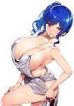  1girl azur_lane backless_dress backless_outfit bangs bare_shoulders blue_hair blue_nails blush bracelet breasts cleavage dress earrings evening_gown hair_ornament hairclip halter_dress highres huge_breasts jewelry long_hair looking_at_viewer nail_polish necklace parted_lips plunging_neckline purple_eyes revealing_clothes side_ponytail side_slit sideboob sidelocks silver_dress simple_background smile solo st._louis_(azur_lane) st._louis_(luxurious_wheels)_(azur_lane) thighs tomohiro_kai white_background 