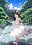  1girl :d aqua_eyes backless_dress backless_outfit black_hair dress feet flower hat highres honini_(one-by-one) house mirror open_mouth original outdoors road sandals short_hair smile solo straw_hat summer sundress toes traffic_mirror tree white_dress 