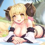  1girl ahoge anila_(granblue_fantasy) bikini blonde_hair blush breasts draph front-tie_top granblue_fantasy highres horns kuro_chairo_no_neko large_breasts long_hair looking_at_viewer lying on_stomach open_mouth sheep_horns short_eyebrows smile solo swimsuit white_bikini yellow_eyes 