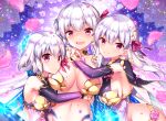  3girls armlet armor bangs bare_shoulders bikini_armor blush bracelet breasts circlet cleavage closed_mouth collar detached_sleeves dress earrings fate/grand_order fate_(series) floral_print flower hair_ribbon highres hug jewelry kama_(fate/grand_order) large_breasts long_hair looking_at_viewer lotus metal_collar multiple_girls multiple_persona navel open_mouth pelvic_curtain petals pink_ribbon purple_dress purple_sleeves red_eyes ribbon ring sakura_tsubame short_hair silver_hair small_breasts smile sparkle 