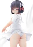  1girl ass bangs black_hair blunt_bangs blush bow dress eyebrows_visible_through_hair hair_bow head_tilt ishigaki_(kantai_collection) kantai_collection ne_an_ito panties red_bow short_hair short_sleeves solo underwear white_background white_bow white_dress white_panties 