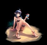  1girl absurdres ahoge arm_support ass bangle bare_arms bare_shoulders bikini black_background black_bikini black_hair blue_eyes bracelet cup drinking_glass drinking_straw eyewear_on_head grass hand_up highres holding jewelry king&#039;s_raid knees_up leg_garter long_hair looking_at_viewer mirianne_(king&#039;s_raid) pointy_ears sand sandals sidelocks sitting smile solo sunglasses swimsuit thighs tropical_drink vladislav_ton 