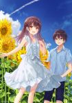  1boy 1girl :d blue_eyes blue_shirt blue_sky blush brown_eyes brown_hair cloud collared_shirt condensation_trail dress flower fukahire_(ruinon) long_hair open_mouth original outdoors plant shirt short_hair short_sleeves shorts sky sleeveless sleeveless_dress smile sundress sunflower white_dress 