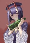  1girl blush bob_cut bottle breasts darutsnyan fate/grand_order fate_(series) highres holding holding_bottle horns looking_at_viewer oni_horns purple_eyes purple_hair red_background short_eyebrows short_hair shuten_douji_(fate/grand_order) simple_background small_breasts smile solo upper_body 