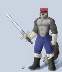  2020 anthro biceps boots bottomwear canid canine canis clothing footwear fur hair hi_res male mammal melee_weapon muscular muscular_anthro muscular_male pecs red_hair simple_background solo sword weapon wolf wufrick 