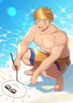  1boy abs bara blonde_hair blush chest closed_eyes day drawing full_body granblue_fantasy higashigunkan male_focus male_swimwear muscle outdoors pectorals sand shiny shiny_hair shirtless shorts smile solo sparkle sunlight swimwear toned toned_male vane_(granblue_fantasy) 