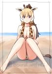  1girl animal_ear_fluff animal_ears arm_under_breasts bangs bare_legs bare_shoulders barefoot beach black_eyes blonde_hair breasts brown_hair collarbone commentary_request eyebrows_visible_through_hair full_body giraffe_ears giraffe_horns giraffe_print giraffe_tail gradient_hair highres horns kemono_friends knees_together_feet_apart long_hair looking_at_viewer medium_breasts multicolored_hair murakami_kou_(raye) ponytail print_swimsuit reticulated_giraffe_(kemono_friends) simple_background sitting slingshot_swimsuit solo swimsuit tail twitter_username white_background white_hair 