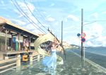  1girl artist_name brown_hair day dress flag highres holding holding_flag looking_at_viewer original outdoors power_lines reflection road_sign sandals scenery sena_(illust_sena) sign summer sundress train_station wading white_flag 