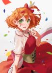  1girl blush bob_cut bow breasts confetti corset dress floating_hair freyja_wion from_above green_eyes hair_bow hair_ornament hand_on_own_chest heart heart_hair_ornament highres looking_at_viewer looking_back macross macross_delta orange_hair pote-mm red_dress short_hair small_breasts 