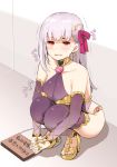  1girl armlet armor bangs bare_shoulders bikini_armor blush bracelet breasts collar crying detached_sleeves dress earrings fate/grand_order fate_(series) floral_print hair_ribbon high_heels jewelry kama_(fate/grand_order) kujiran large_breasts long_hair looking_at_viewer metal_collar pelvic_curtain pink_ribbon purple_dress purple_legwear purple_sleeves red_eyes ribbon ring sign silver_hair squatting thighhighs thighlet thighs translation_request 