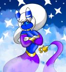  2020 anthro blue_body breasts crossed_arms detailed_background female floating genie hair happy lamp looking_at_viewer magic_lamp meowstic neck_ring nintendo pok&eacute;mon pok&eacute;mon_(species) pokenerd2499 smile smoke solo sparkles video_games waistband white_hair wristband 