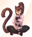  anthro beverage brown_body brown_fur brown_hair clothing crossed_legs eyes_closed felid feline female fur hair hot_chocolate kiit0s lynx mammal ponytail scarf simple_background sitting smile solo sweater topwear 